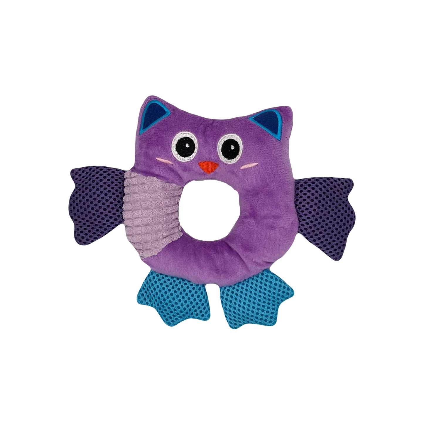 Zacht paars-blauw hondenspeeltje in de vorm van een uil met een ringvormig midden, ideaal om in te bijten.