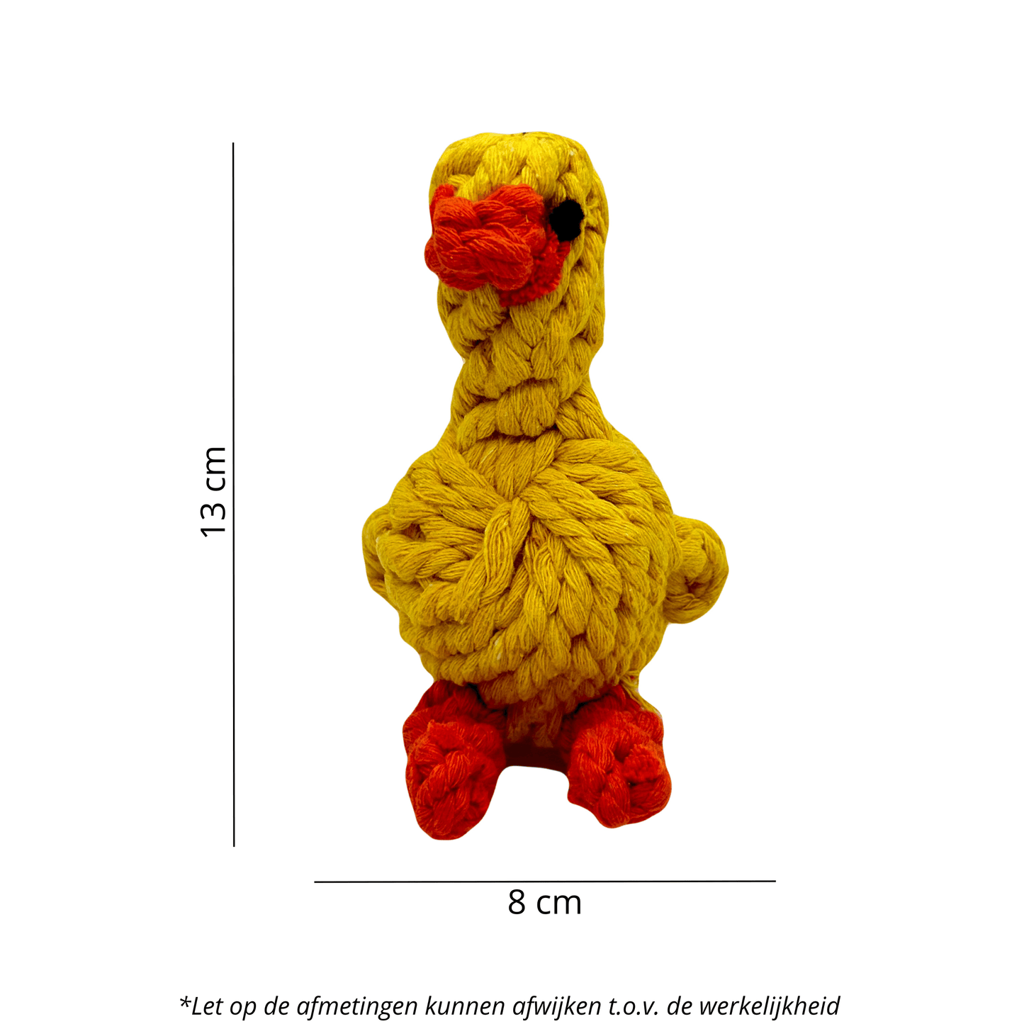 Geel flos hondenspeeltje in de vorm van een eend, met een hoogte van 13 cm en een breedte van 8 cm.
