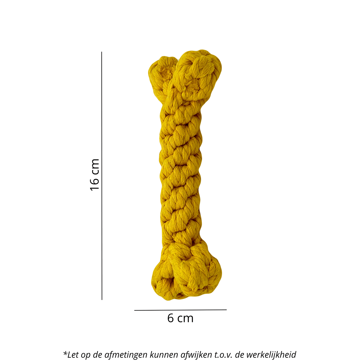 Goudkleurig floss hondenspeeltje in de vorm van een bot, met afmetingen van 16 cm lang en 6 cm breed.