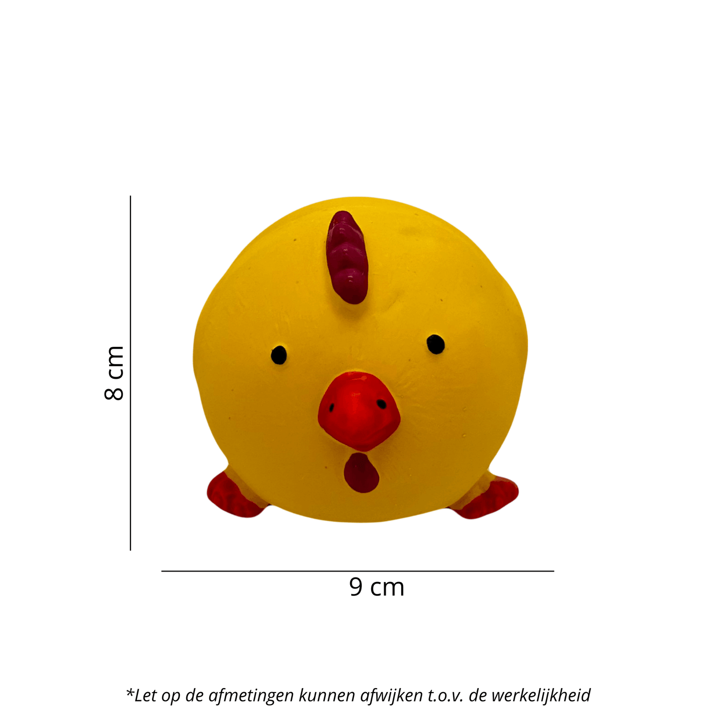 Gele latex kip hondenspeeltje van 9 cm breed en 8 cm hoog, met rode snavel en kam, perfect voor speelplezier.