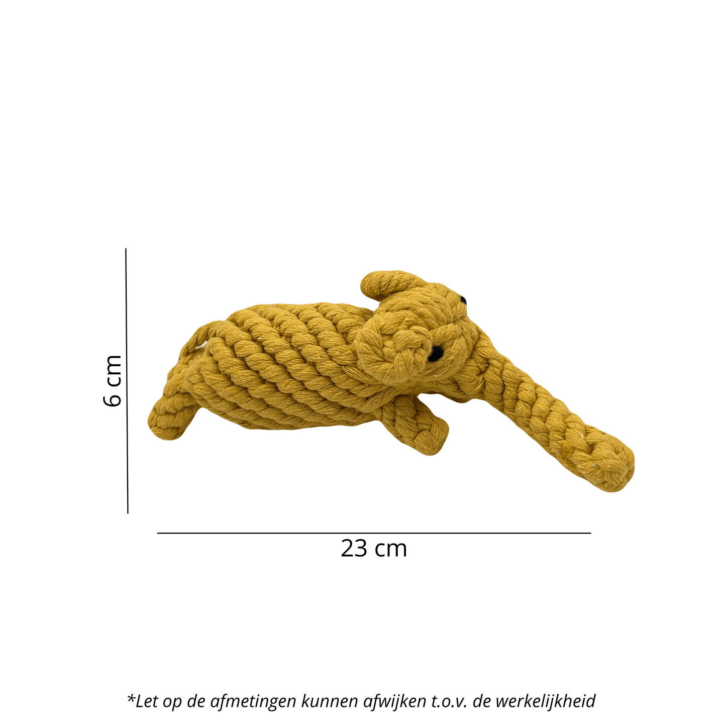 Gele floss olifant hondenspeeltje met afmetingen van 23 cm lang en 6 cm hoog, gemaakt van touw.