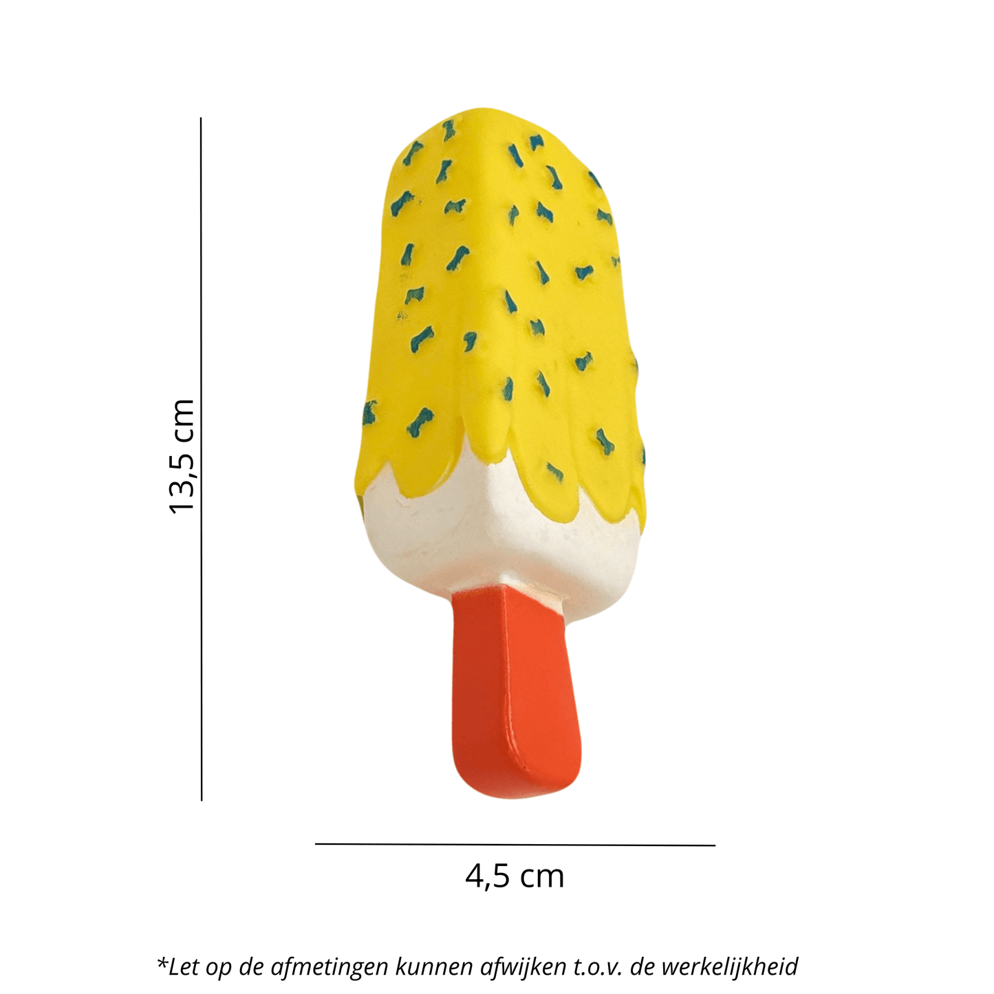 Afbeelding met afmetingen van een latex ijsje hondenspeeltje: 13,5 cm lang en 4,5 cm breed.