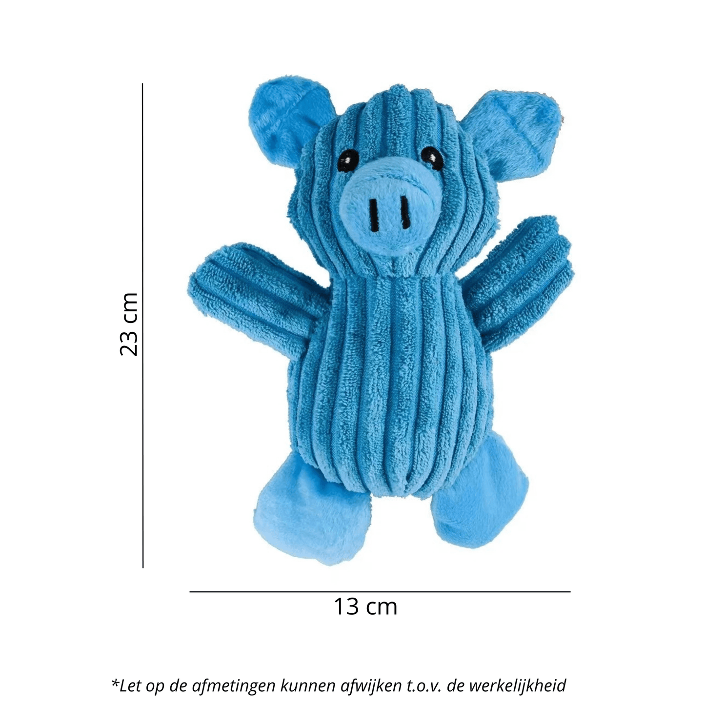 Afbeelding van een blauw pluche varkentje met afmetingen 23 cm hoog en 13 cm breed.