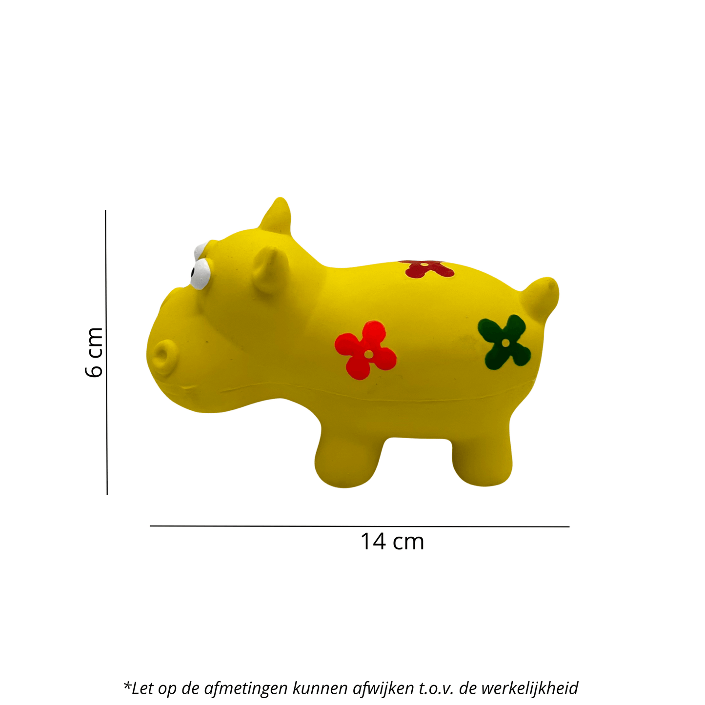 Geel latex hippo hondenspeeltje met afmetingen van 14 cm bij 6 cm. Let op: maten kunnen iets afwijken van de werkelijkheid.