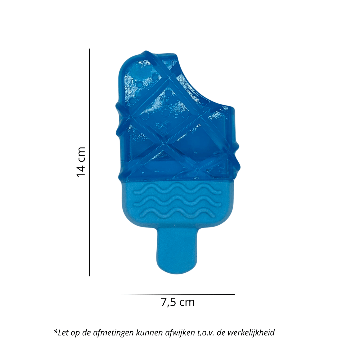 Blauwe hondenspeeltje in de vorm van een ijsje met afmetingen 14 cm x 7,5 cm, kan gevuld en ingevroren worden.