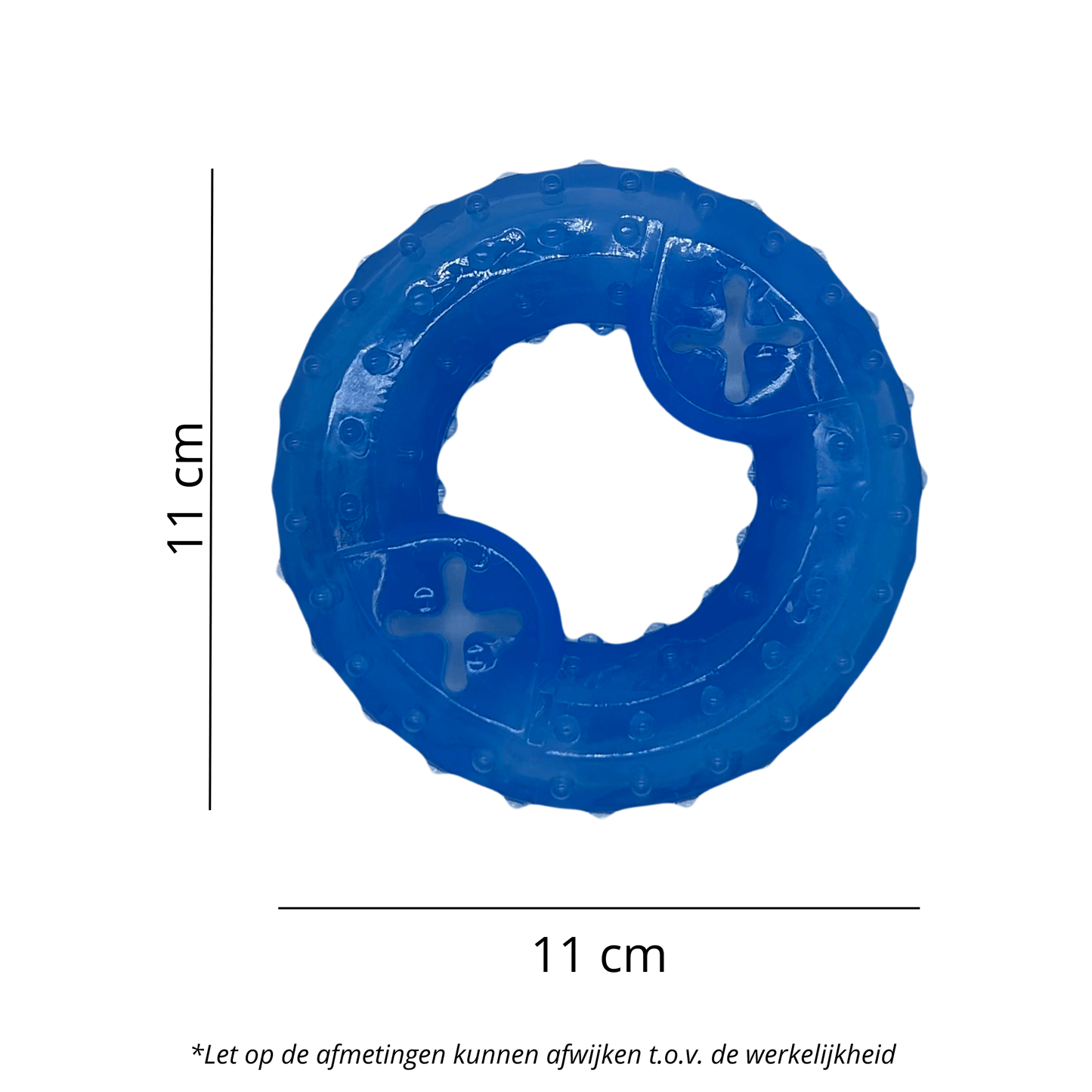 Afmetingen van de blauwe hondenbijtring weergegeven: 11 cm doorsnee, ideaal voor verkoelend kauwplezier na invriezen.