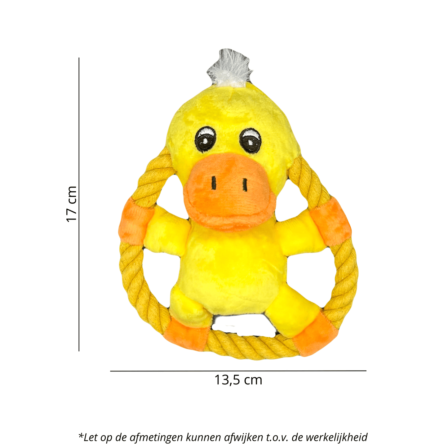 Gele pluche eend met touwring, afmetingen 17 cm x 13,5 cm, hondenspeeltje.