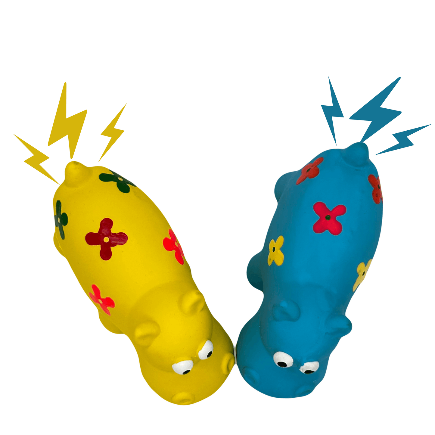 Twee latex hippo hondenspeeltjes in geel en blauw met bloemendecoratie en piepgeluid, weergegeven met bliksemschichten.
