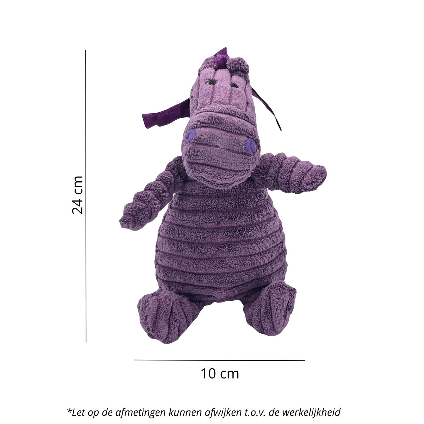 Afbeelding van Nelly Neushoorn, een paarse pluchen knuffel van 24 cm hoog en 10 cm breed.