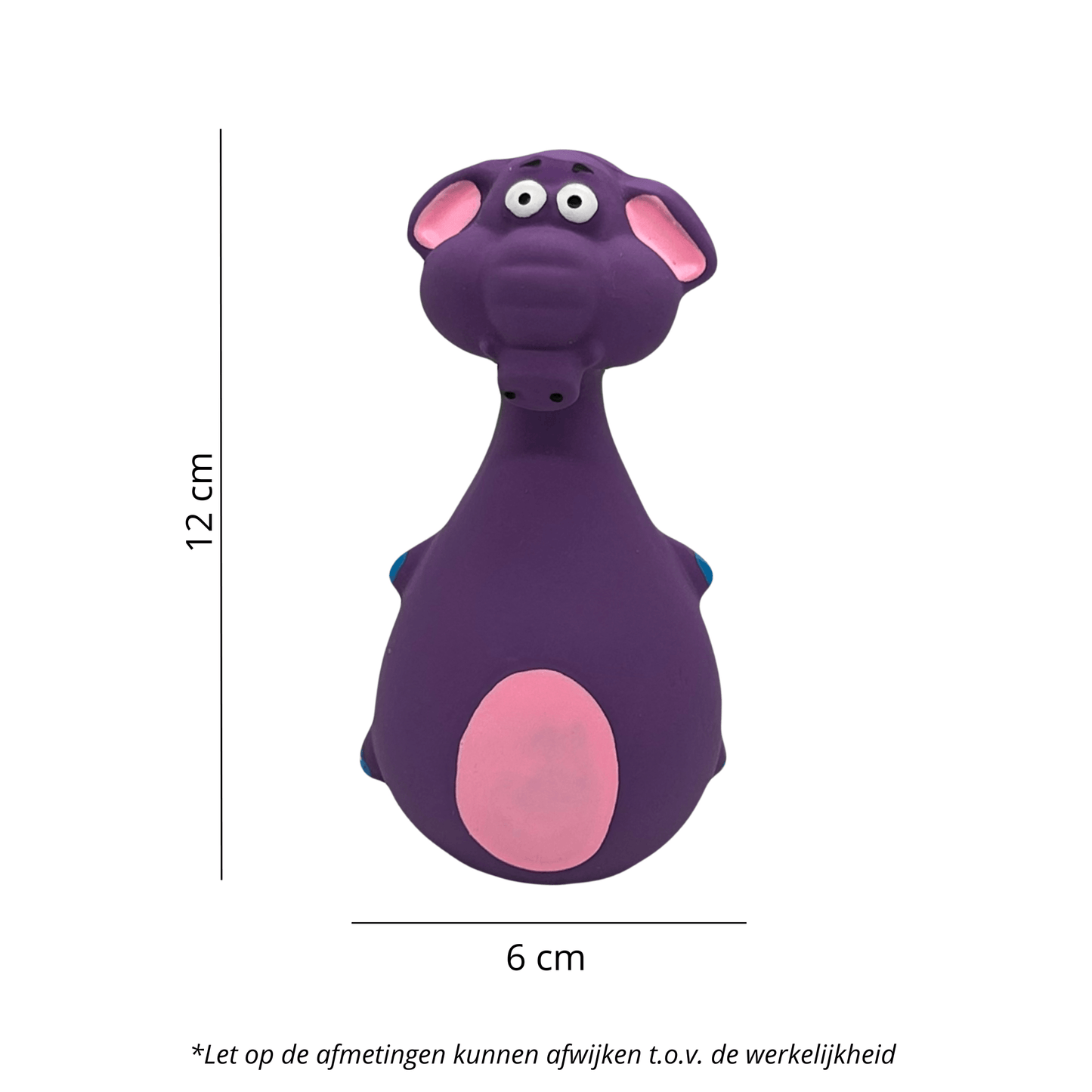 Latex hondenspeeltje olifantje, 12 cm bij 6 cm, paars met roze buik. Zacht, flexibel en ideaal voor kauwen en spelen!