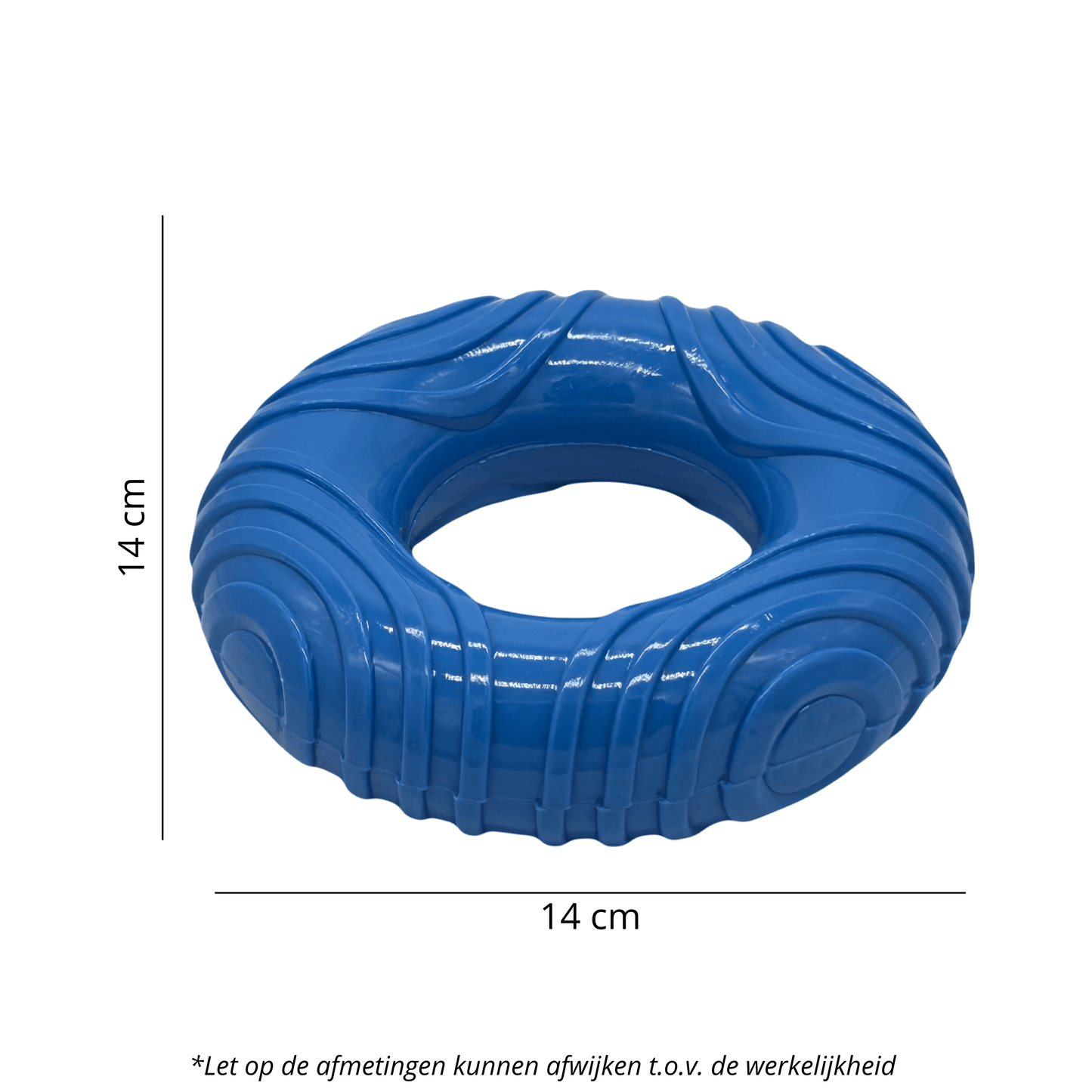Blauwe rubberen hondenring van 14 cm, perfect voor kauwen en interactief spel. Sterk hondenspeelgoed voor grote en kleine honden.