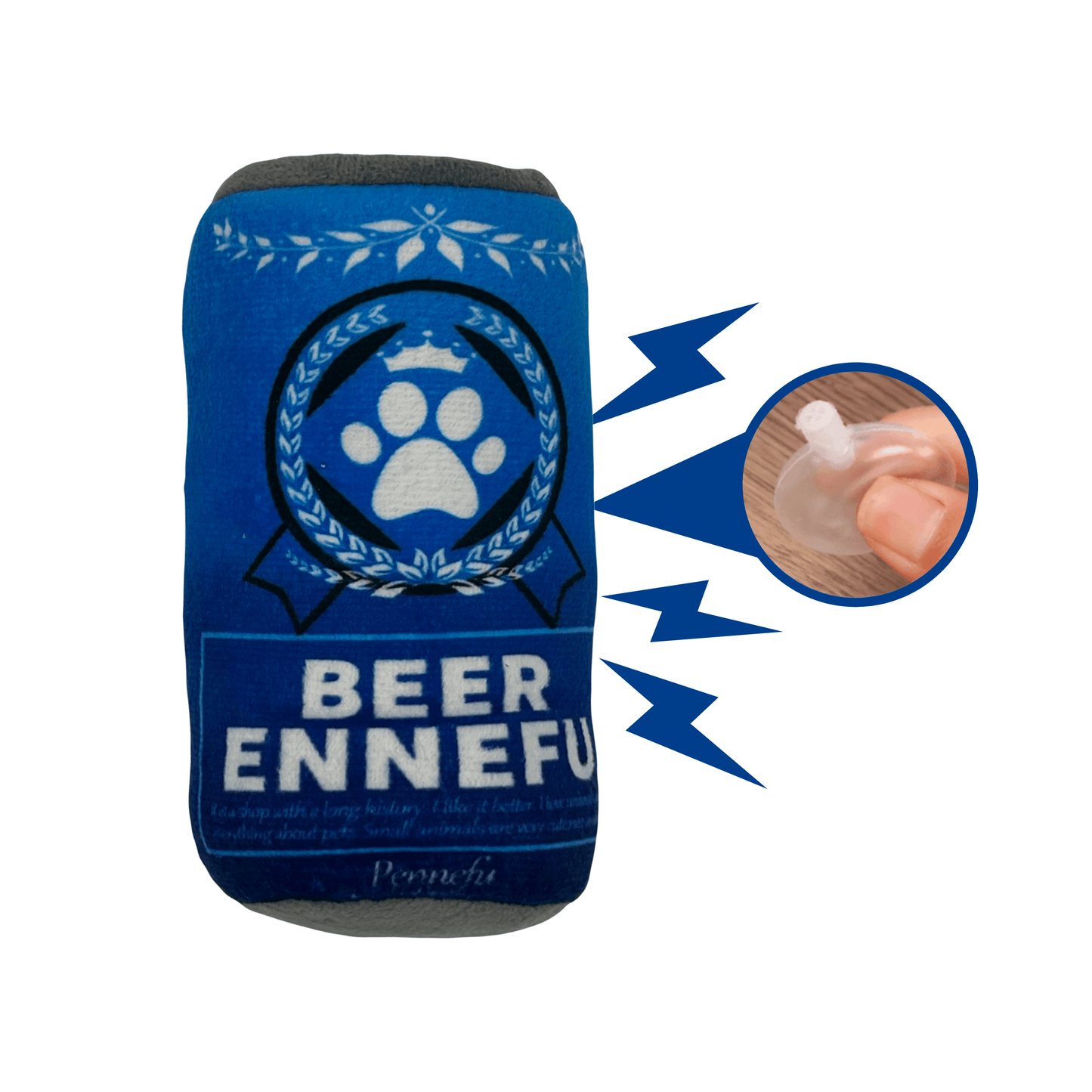 Blauwe pluche hondenspeeltje "Beer Ennefu". Een inzet toont een pieper met bliksemschichten om geluidseffect aan te geven.