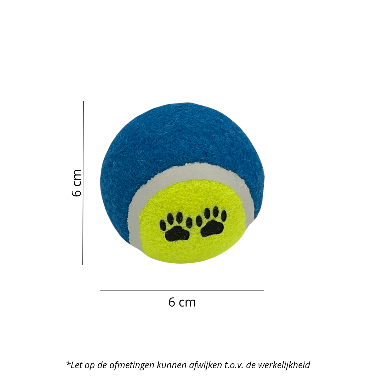 Tennisbal hondenspeeltje in blauw en geel, met afmetingen van 6 cm, perfect voor apporteren en kauwen.