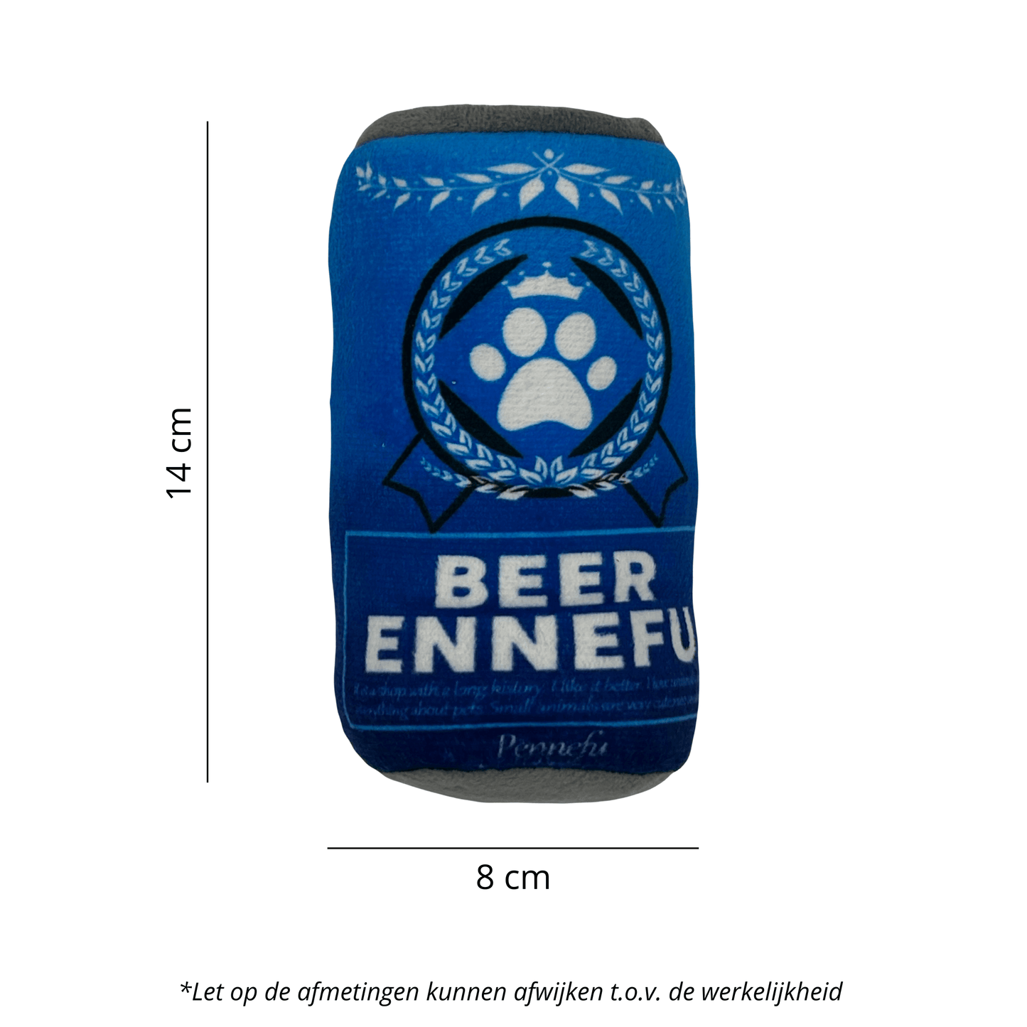 Afbeelding met afmetingen: een blauw pluche bierblik-speeltje voor honden, 14 cm hoog en 8 cm breed. Maat kan licht afwijken