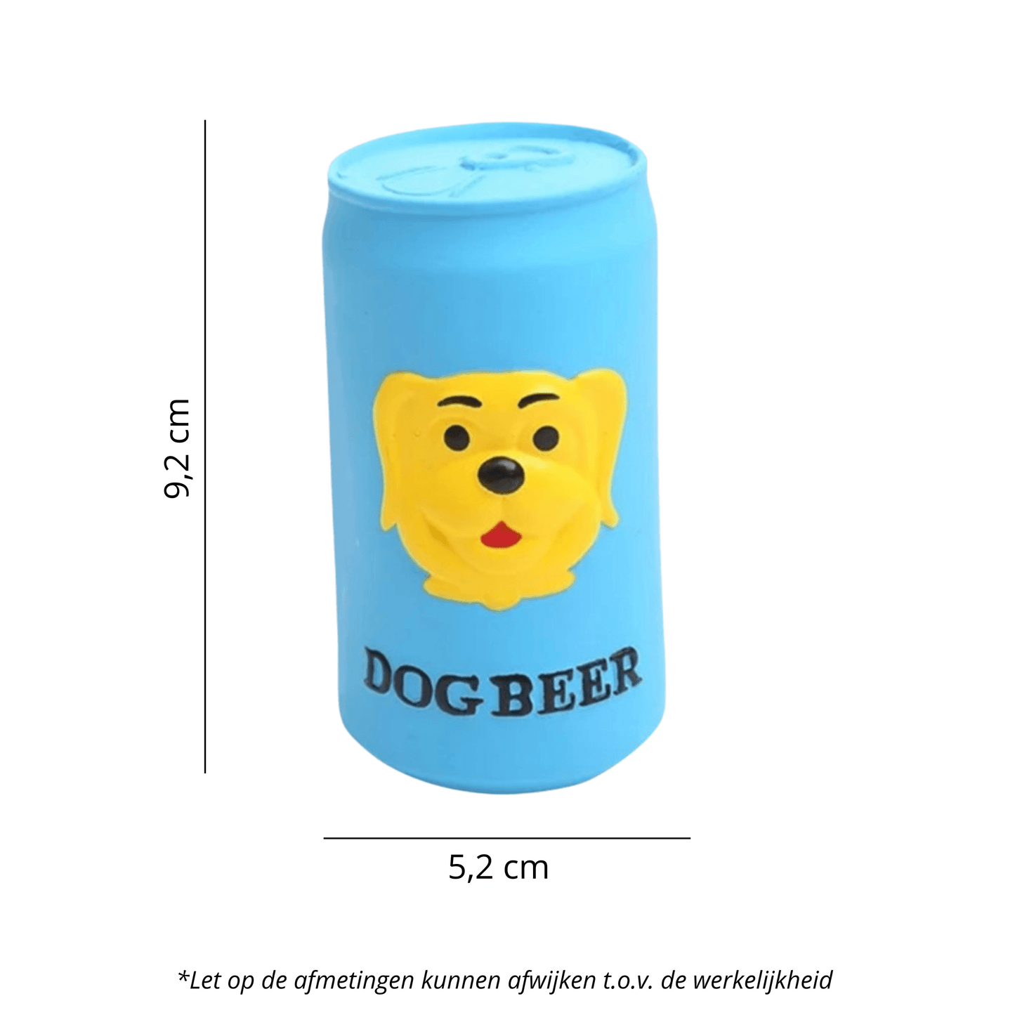 Latex hondenspeeltje in de vorm van een blauw bierblikje met "Dog Beer" en een hondengezicht, 9,2 cm hoog en 5,2 cm breed.