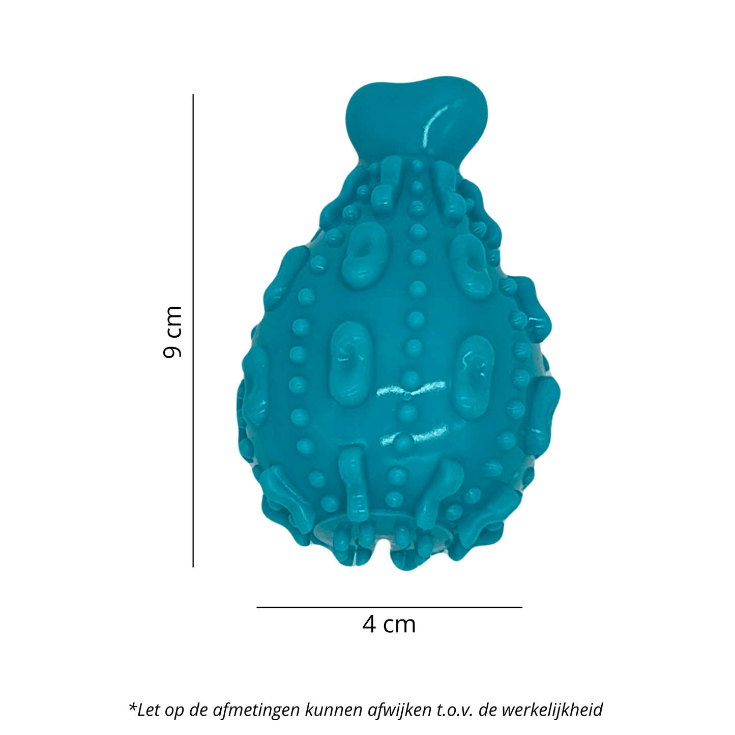 Blauw latex hondenspeeltje in de vorm van een kipkluif met een lengte van 9 cm en breedte van 4 cm.