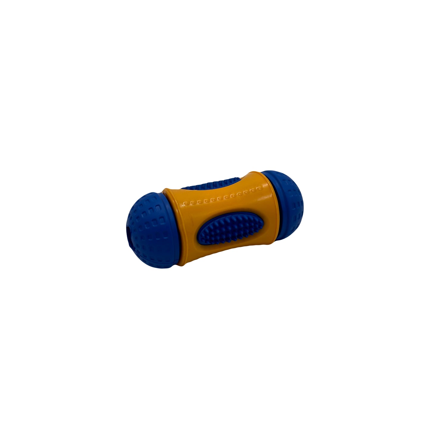 Stevige Slow Feeder in blauw en geel met een kleine versie, ideaal om brokjes in te doen en honden uitdaging te geven.