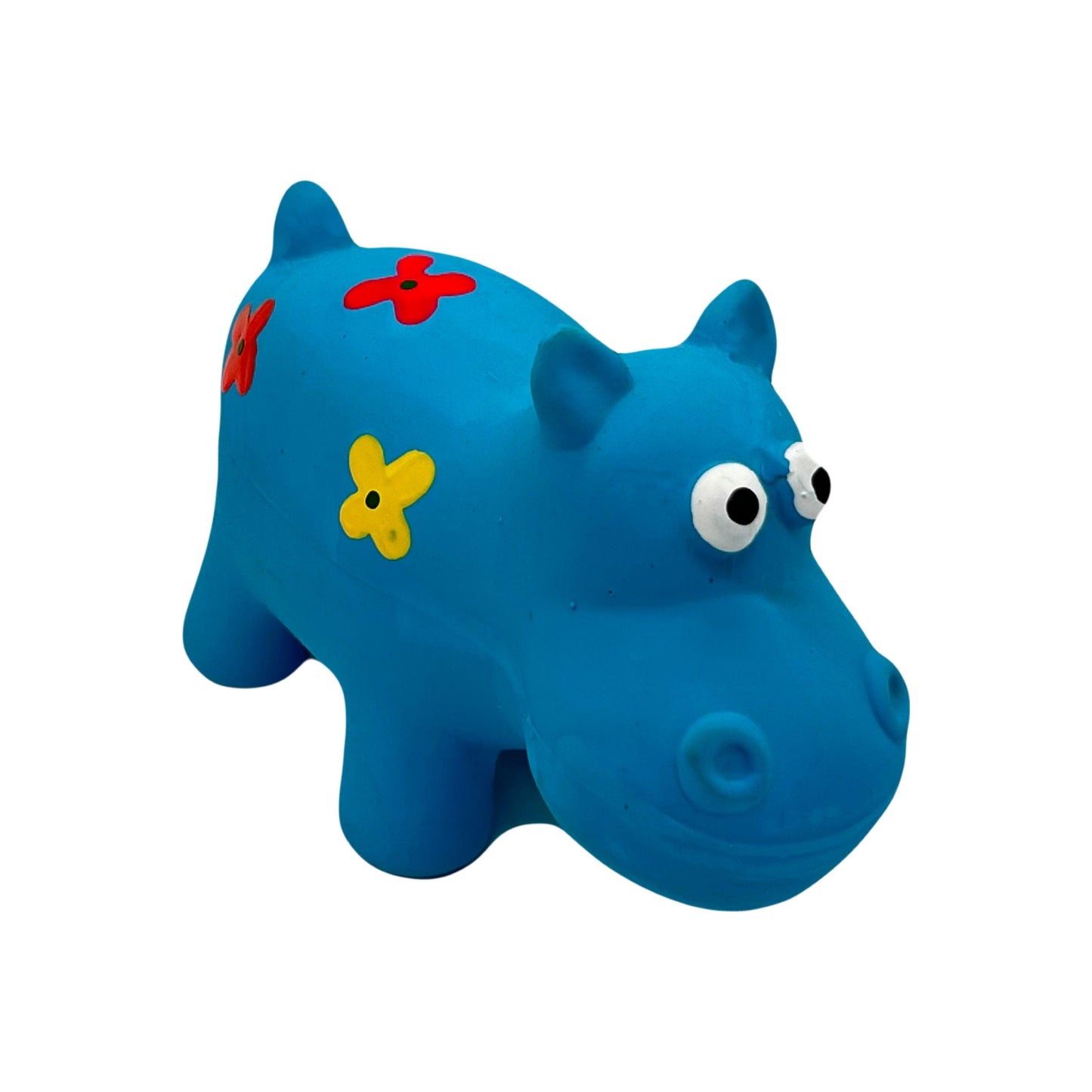 Blauw latex hippo hondenspeeltje met grote ogen en kleurrijke bloemendecoratie, geschikt voor kauwen en spelen.