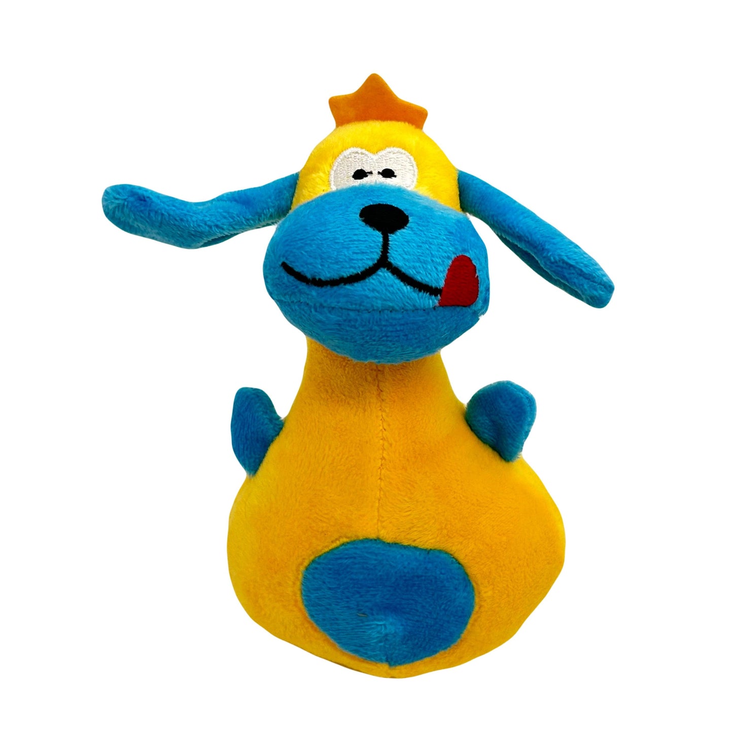 De gele variant van de Blij Bekkie knuffel met een speelse uitdrukking en zachte stof.