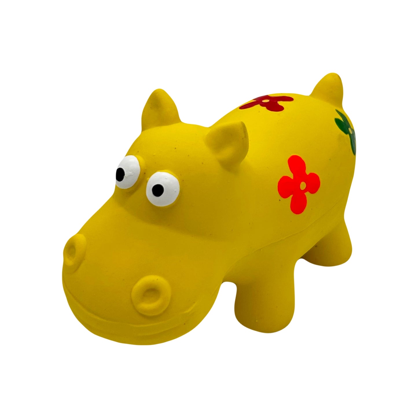 Gele latex hippo hondenspeeltje met grote ogen en kleurrijke bloemendecoratie, geschikt voor kauwen en spelen.
