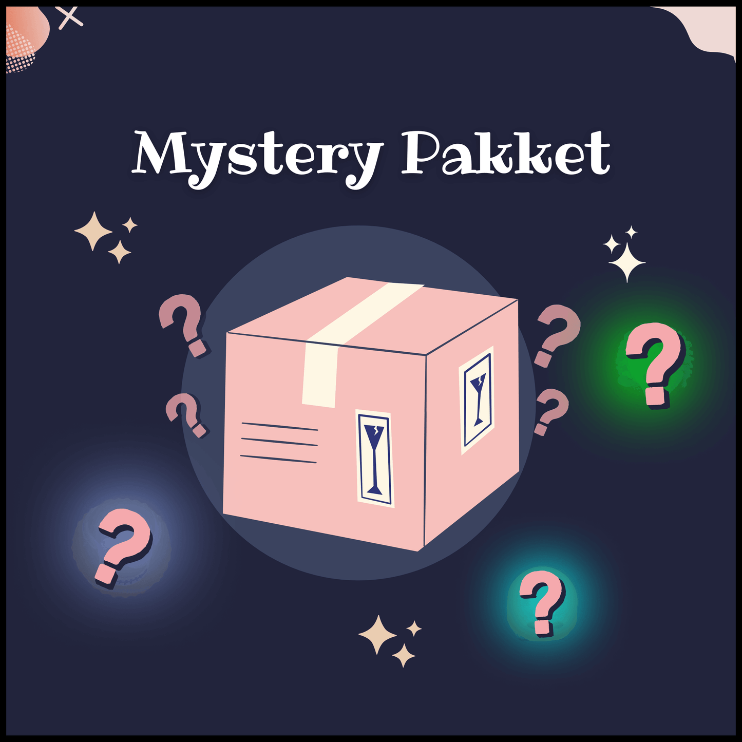 Mystery pakket hondenspeelgoed, verrassing doos met speeltjes voor honden, omringd door vraagtekens en sprankelende effecten.