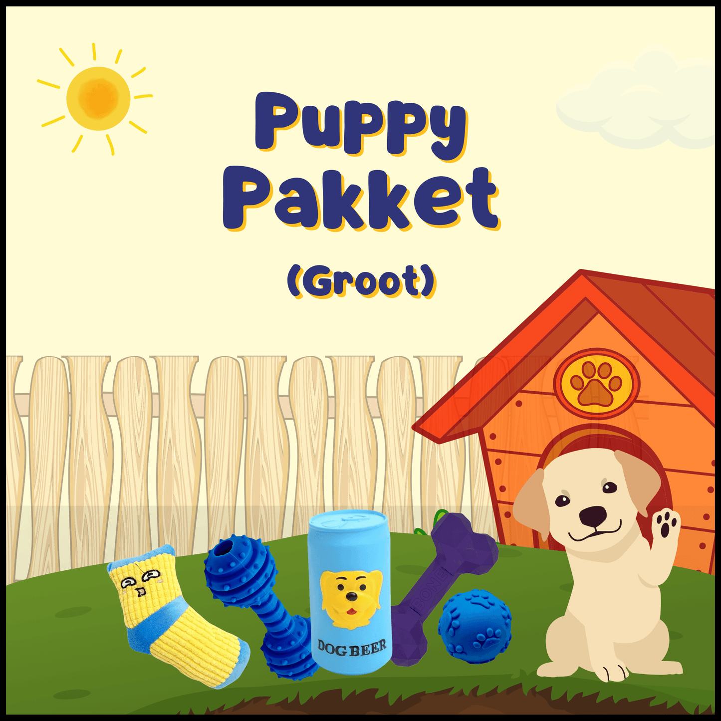 Illustratie van een Puppy Pakket (Groot) met een pup, hondenhok en speelgoed: sok, dog beer, blauwe bal, bot en kauwspeelgoed