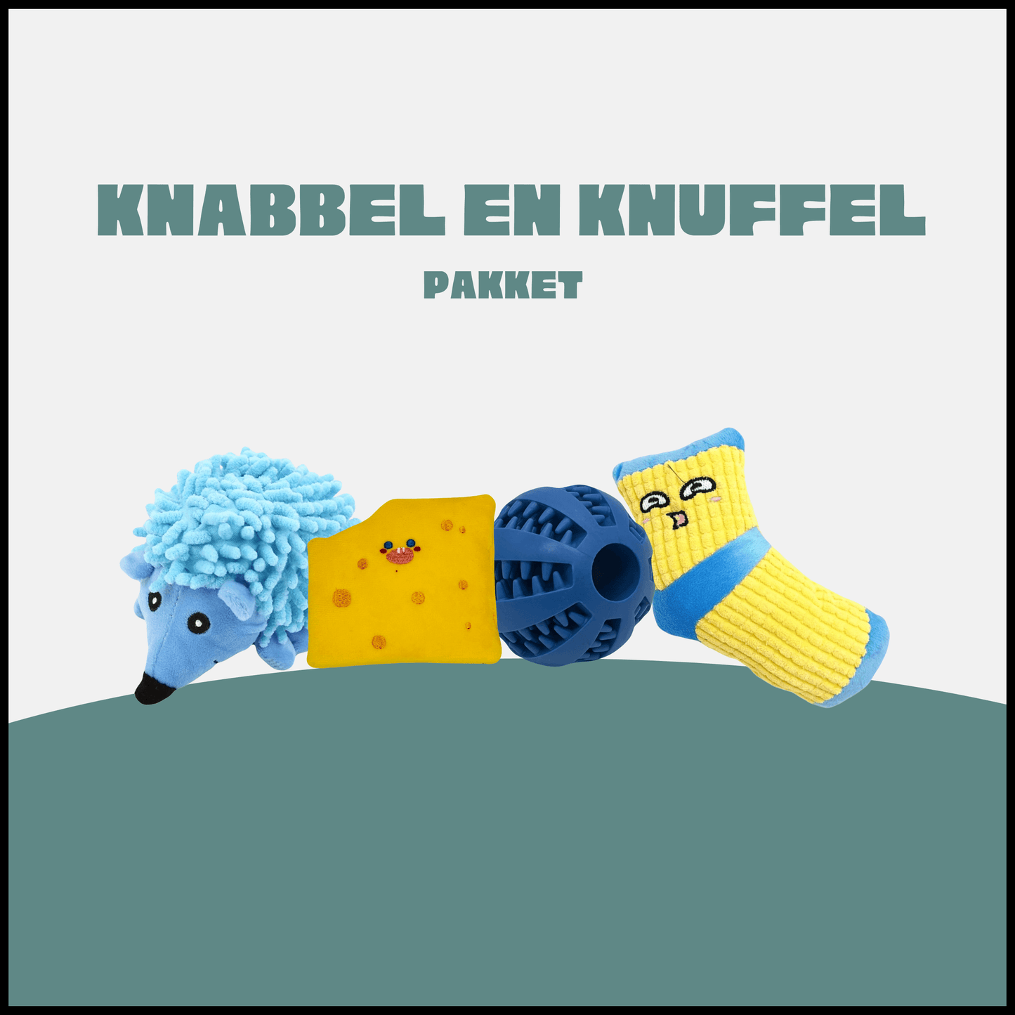 Knabbel en Knuffel pakket, hondenspeelgoed set met blauwe egelknuffel, kaasvormig speeltje, blauwe bal en gele sokknuffel.