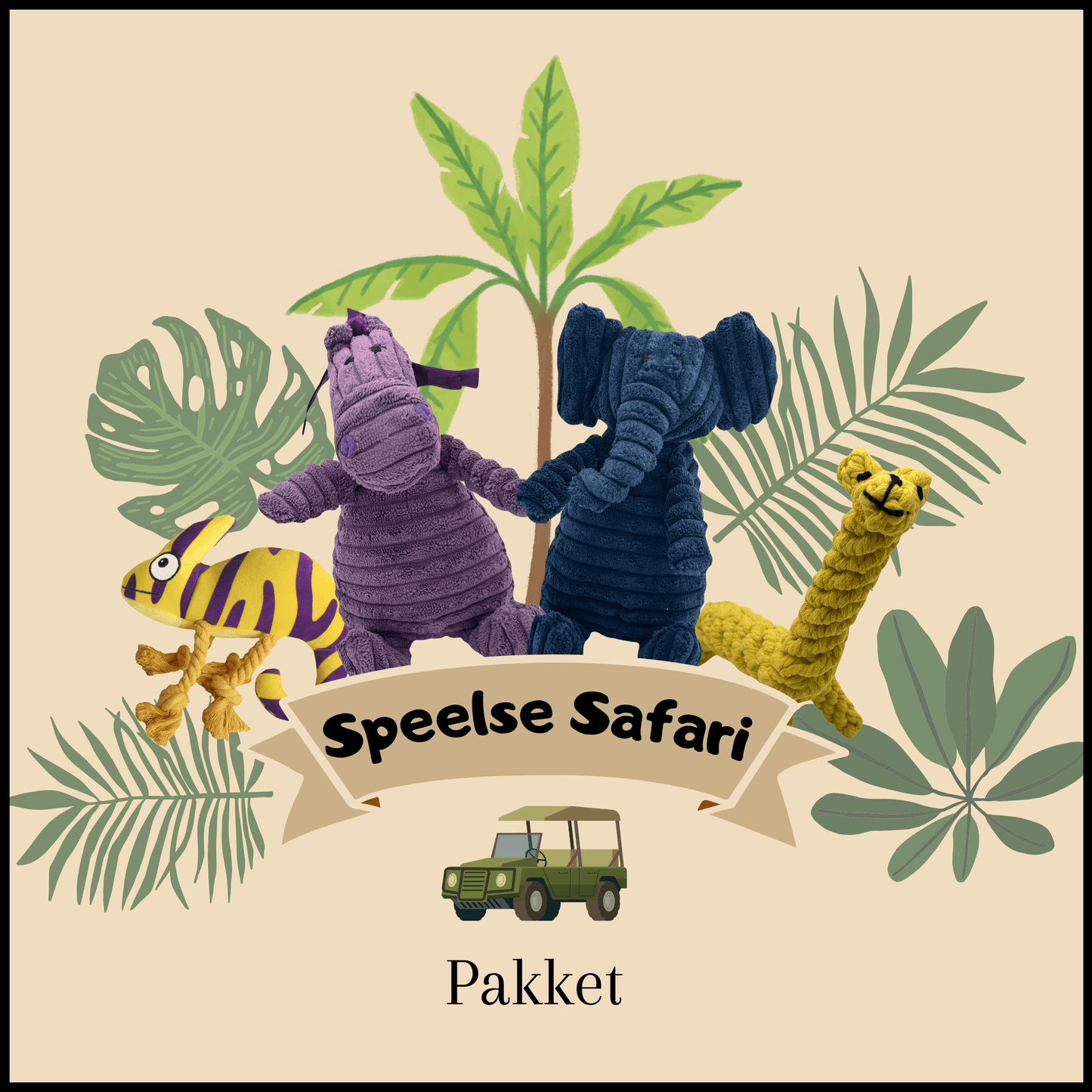 Speelse Safari pakket, hondenspeelgoed set met een nijlpaardknuffel, olifant, giraffe en hagedis, in de junglebladeren.