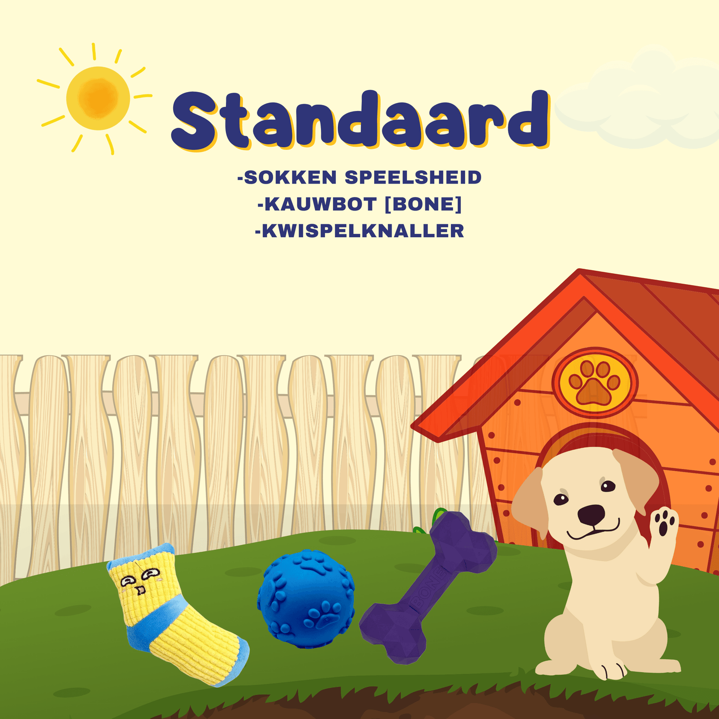 Illustratie van een Standaard Puppy Pakket met sokken speelgoed, kauwbot, blauwe bal, en Kwispelknaller voor een puppy.