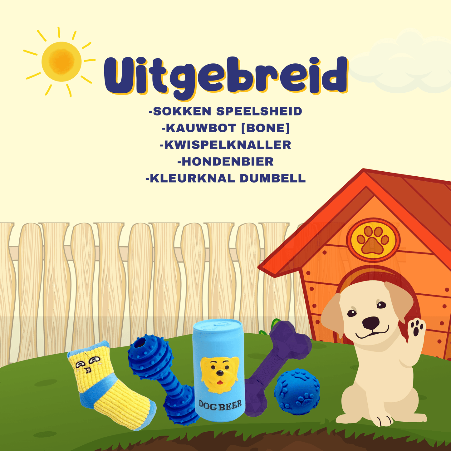 Uitgebreid Puppy Pakket met sokken speelgoed, kauwbot, blauwe bal, hondenbier en kleurrijke dumbell, naast een hondenhok.