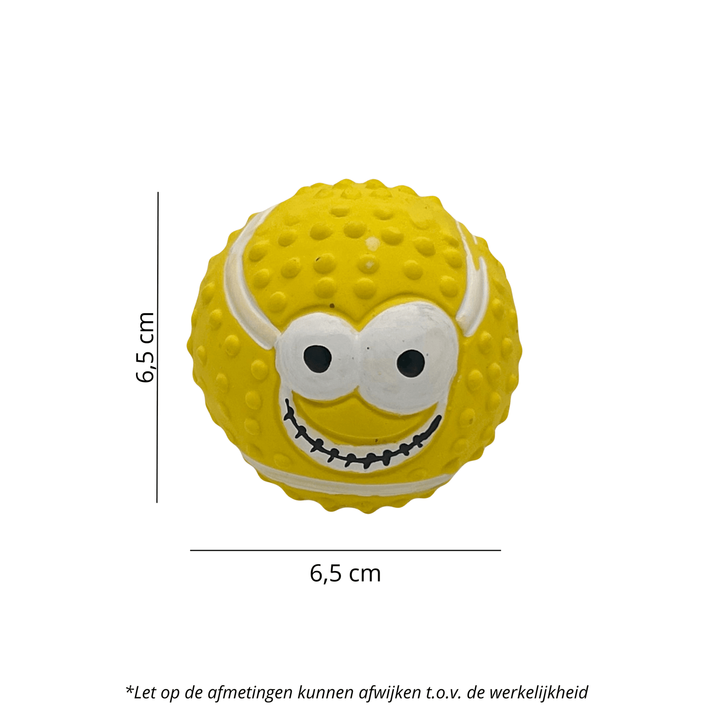 Gele Bril-Buddy Bal met een lachend gezicht en een noppenstructuur. Formaat van 6,5 cm weergegeven op de afbeelding.