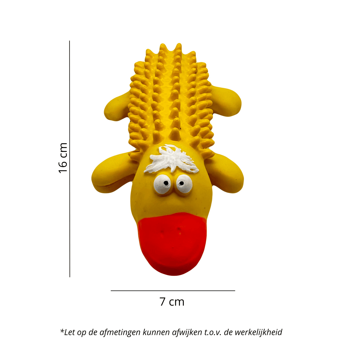Geel eendvormig hondenspeeltje met noppenstructuur, witte pluim op het hoofd en rode snavel, afmetingen 16 cm x 7 cm.