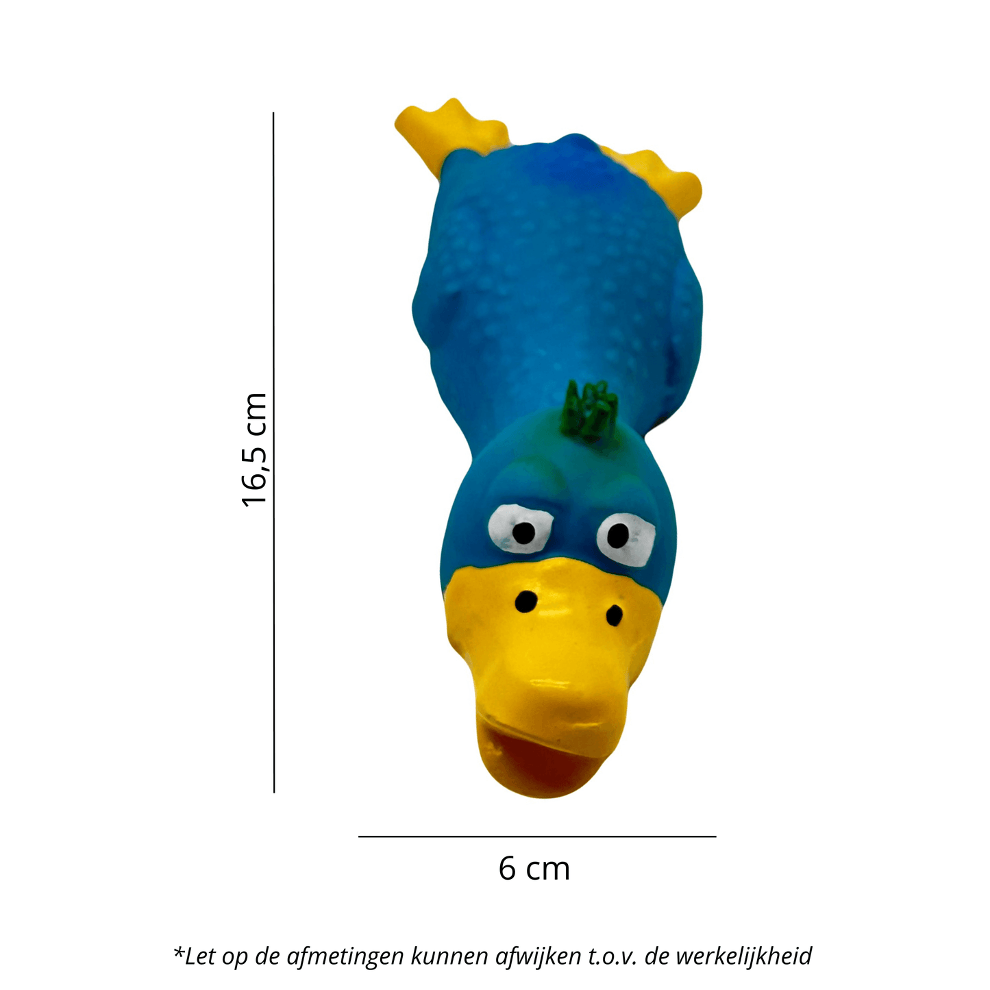 Het eendenspeeltje met afmetingen van 16,5 cm lang en 6 cm breed, weergegeven tegen een witte achtergrond.