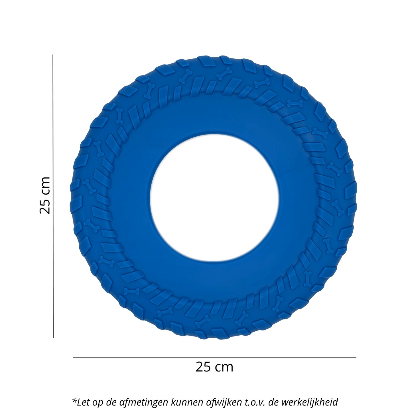 Blauwe hondenfrisbee met reliëfpatroon en een diameter van 25 cm, ontworpen voor interactief speelplezier.