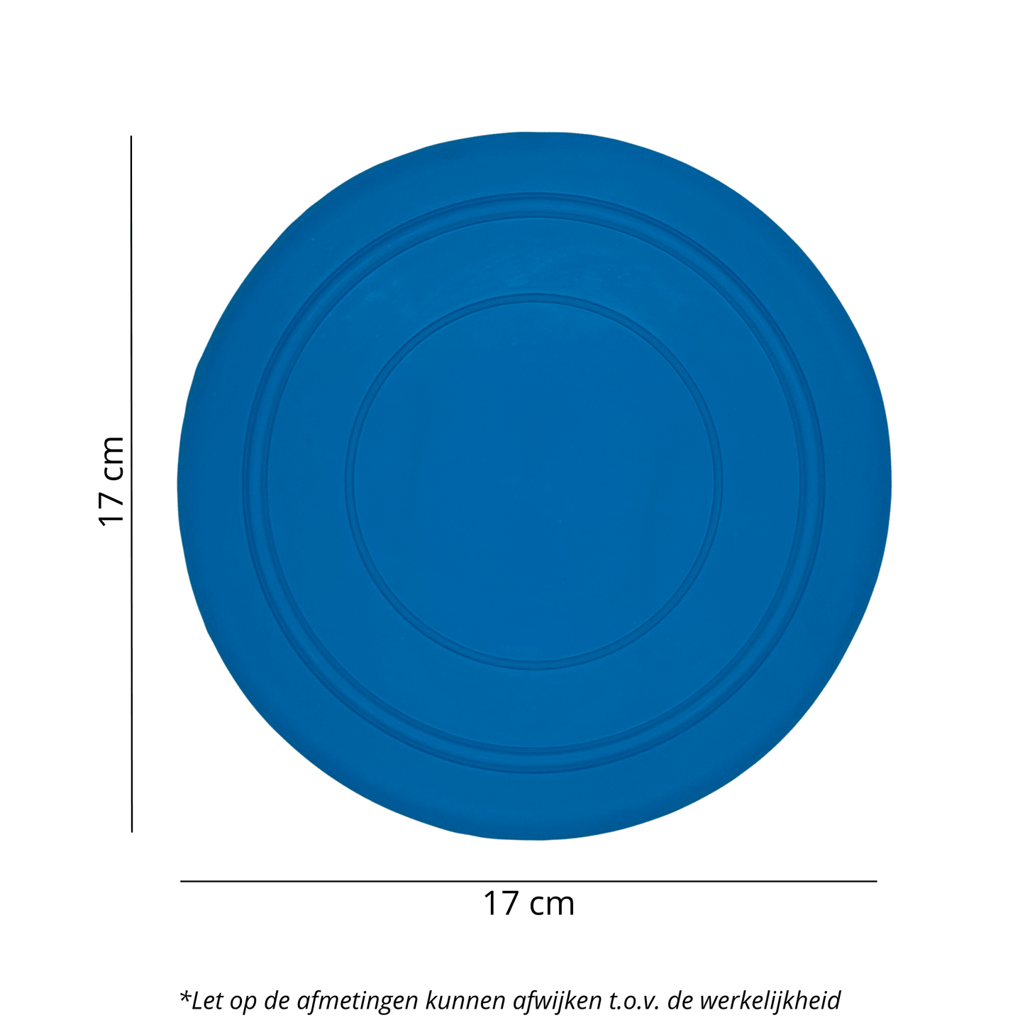 Een blauwe soft frisbee met een diameter van 17 cm, ideaal voor apporteerspelletjes met honden.