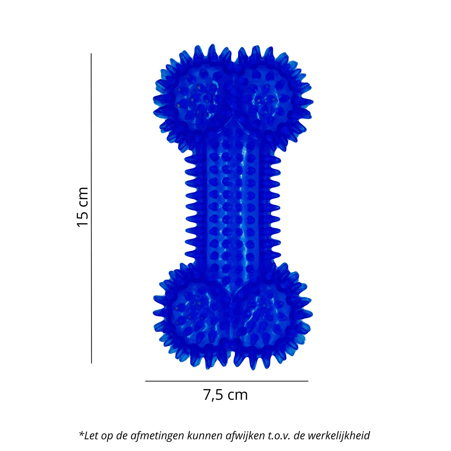 Blauw botvormig hondenspeeltje met spikes, 15 cm lang en 7,5 cm breed, voor kauwplezier en tandverzorging.