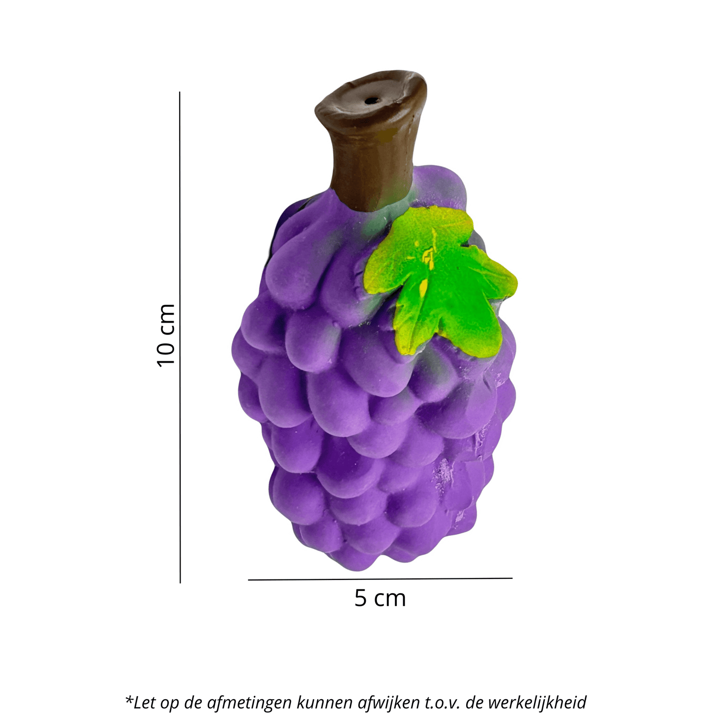 Paars hondenspeeltje in de vorm van een tros druiven met een groene blaadje en een bruine steel, 10 cm hoog en 5 cm breed.