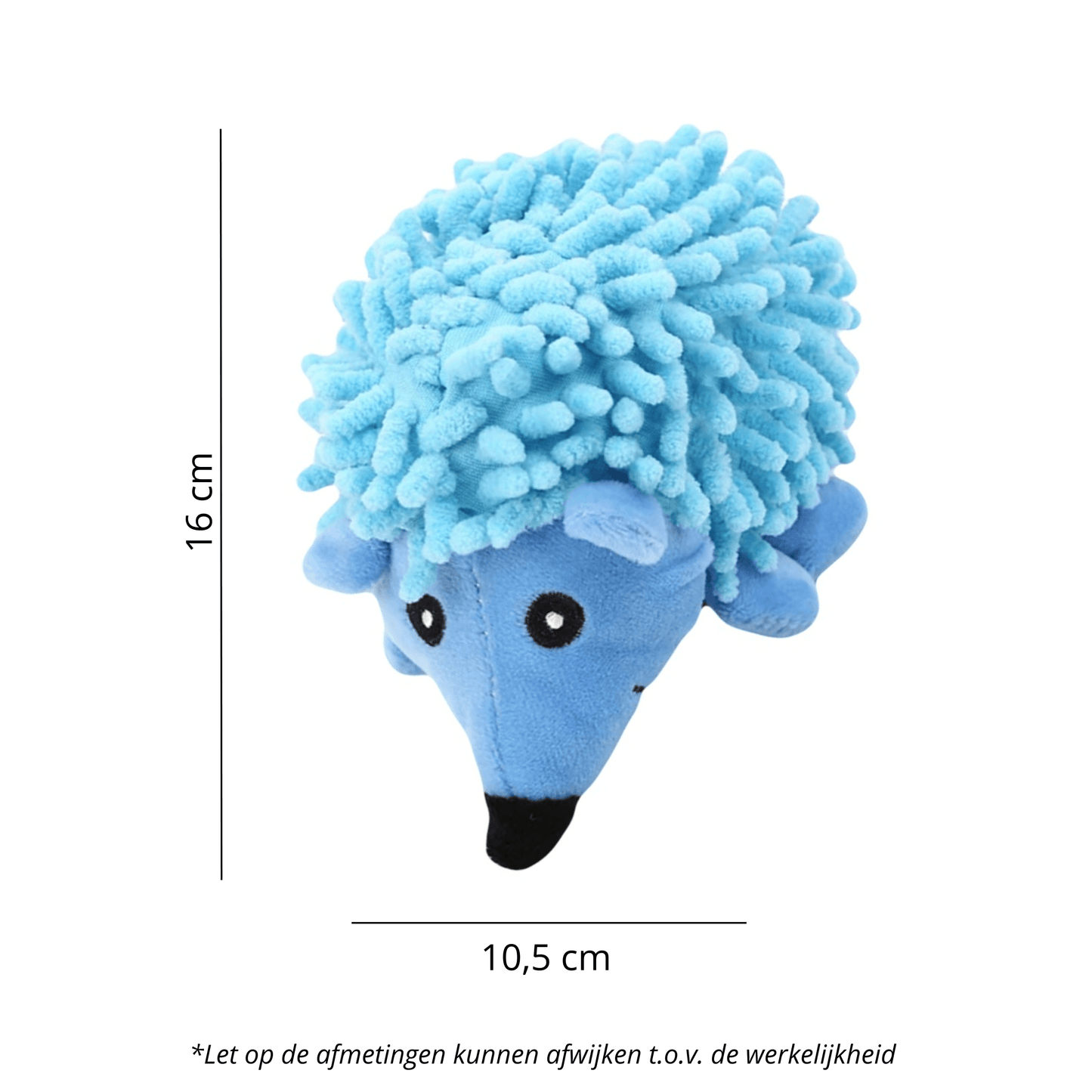 Blauw pluchen egel hondenspeeltje met zachte stekels en schattig gezicht, afgebeeld met afmetingen voor referentie.