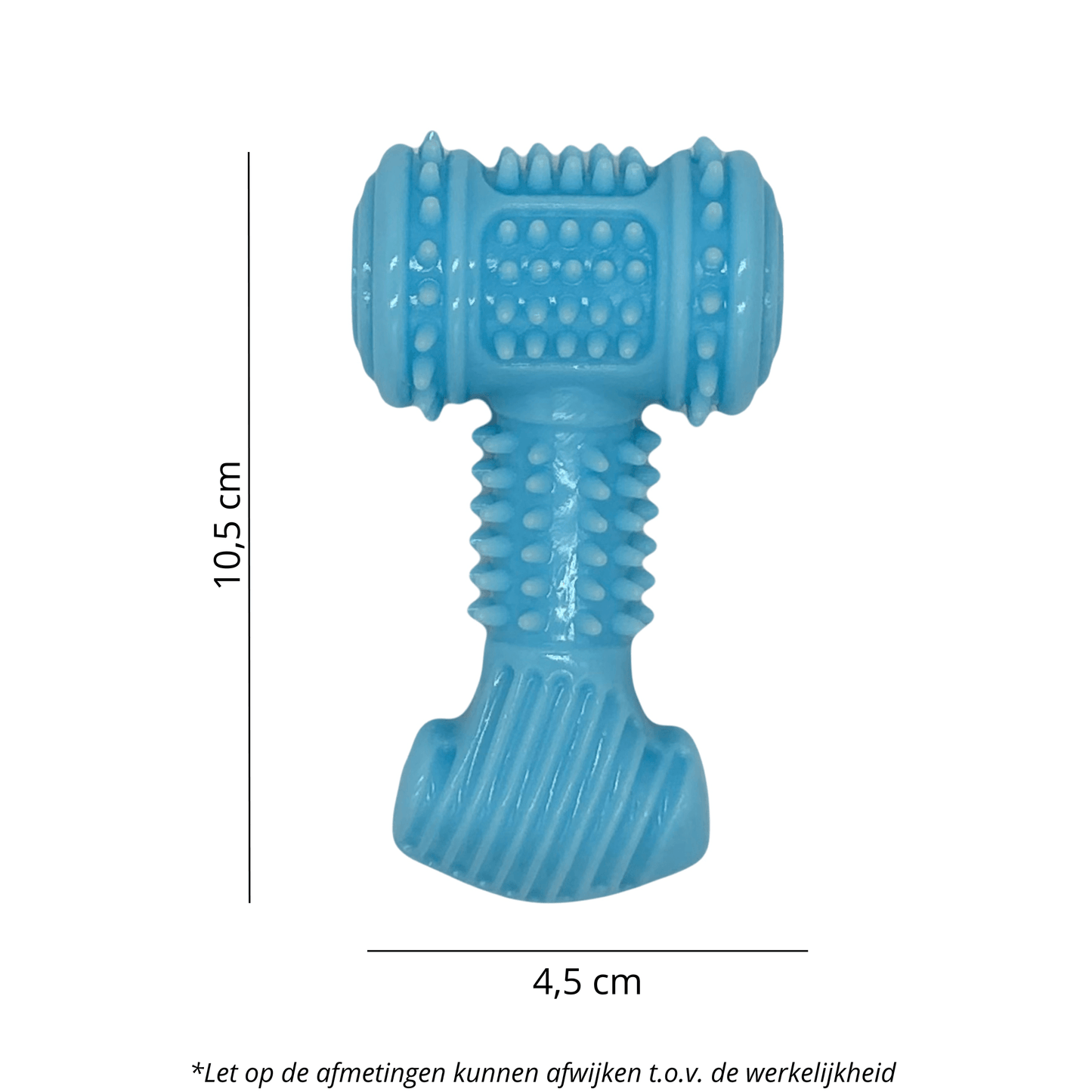 Afbeelding van de Happige Hamer met afmetingen van 10,5 cm bij 4,5 cm, een duurzaam kauwspeeltje voor honden.