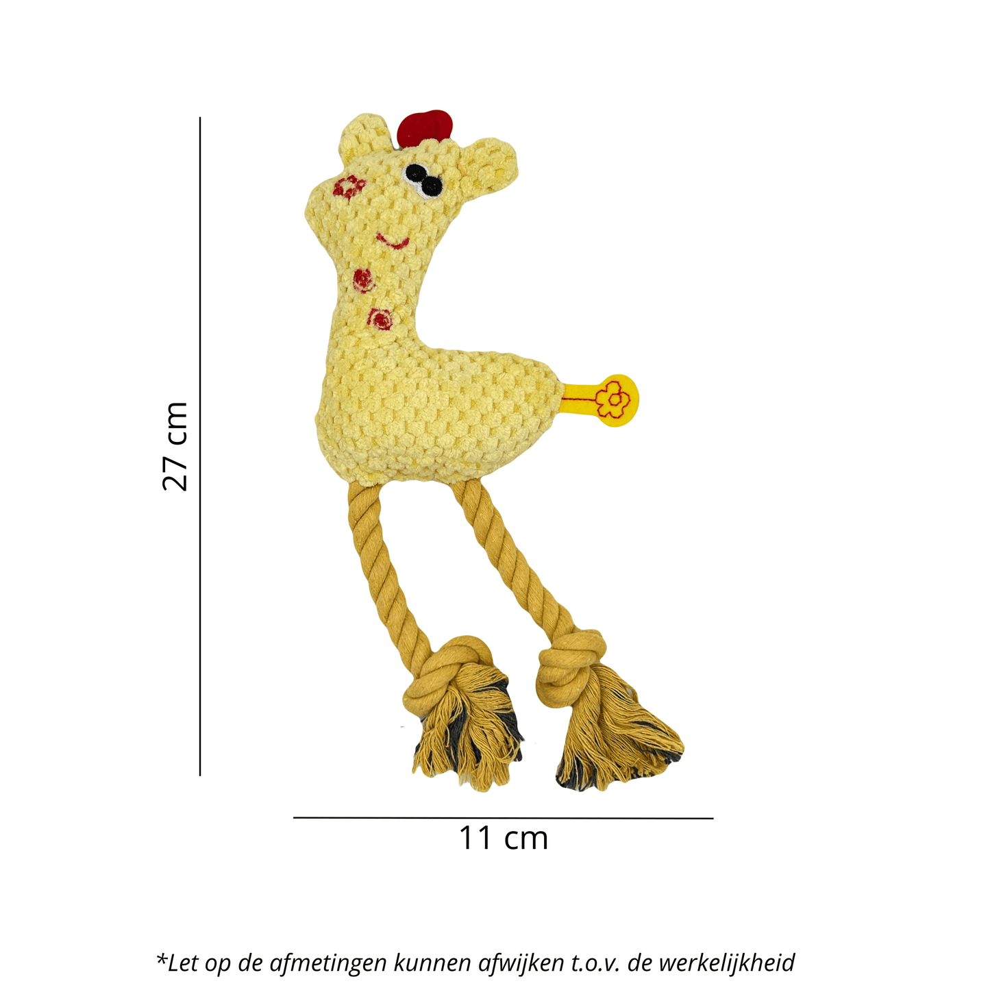 Gele versie van Hertje Bambi met afmetingen, zachte knuffel met flosjes als pootjes en een piepje in de knuffel.