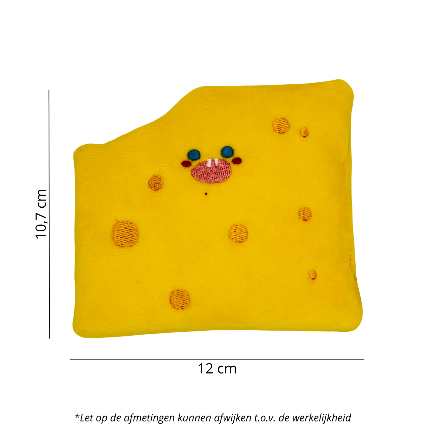 Geel hondenspeeltje in de vorm van een plak kaas met een lachend gezichtje. Afmetingen: 12 cm breed en 10,7 cm hoog.