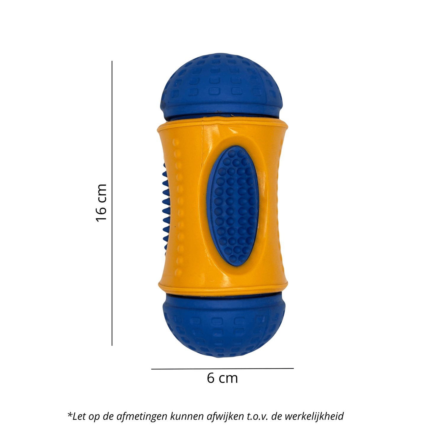 Een Slow Feeder van 16 cm lang en 6 cm breed, ontworpen om honden spelenderwijs hun snacks te laten verdienen.