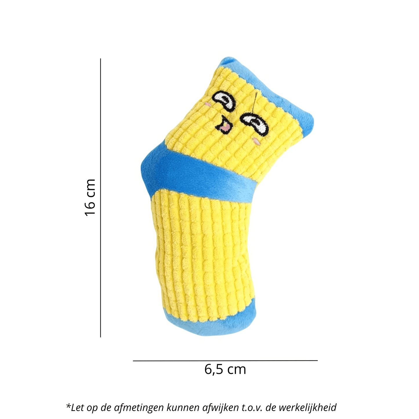 Afmetingen van geel-blauw pluchen hondenspeeltje in de vorm van een sok met lachend gezichtje, afmetingen van 16 cm x 6,5 cm