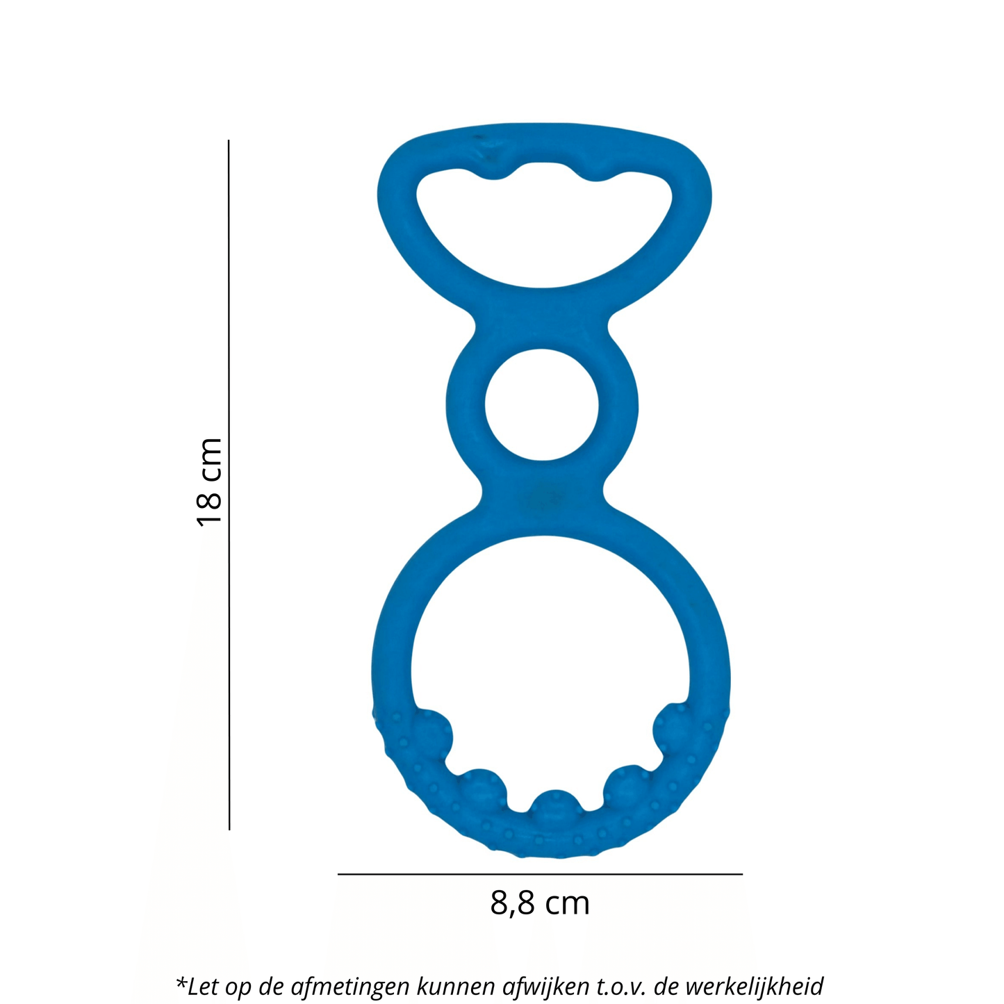 Blauw trekring hondenspeeltje, 18 cm lang en 8,8 cm breed, ideaal voor trekspelletjes en kauwplezier.