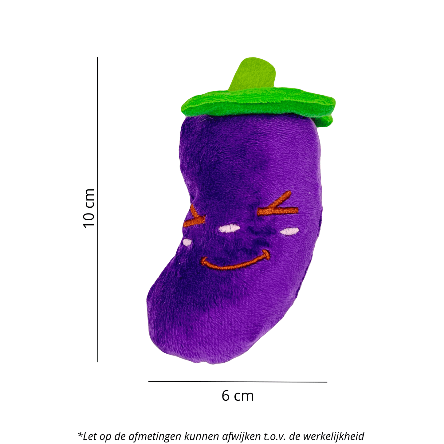 Pluche aubergine hondenspeeltje met afmetingen: 10 cm hoog en 6 cm breed, in paars en groen.