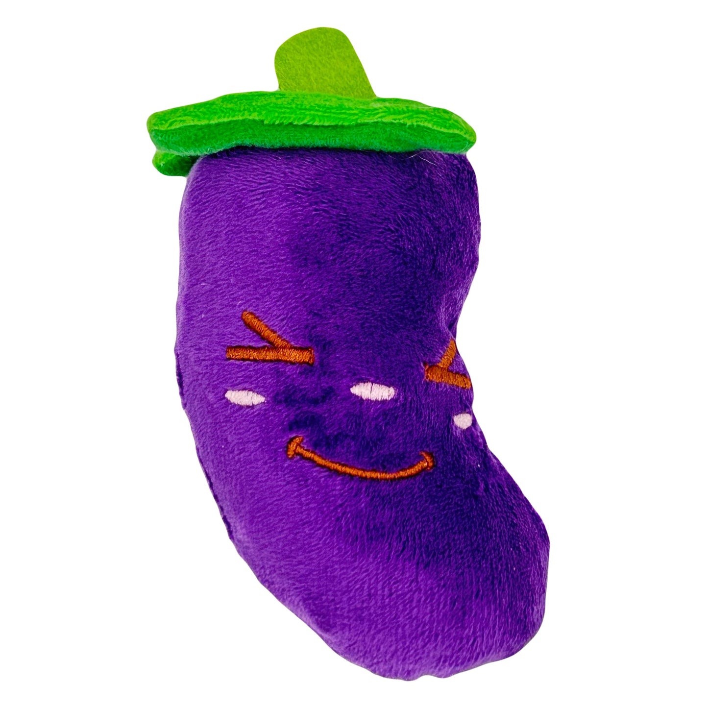 Pluche aubergine hondenspeeltje met lachend gezicht en groene bovenkant.