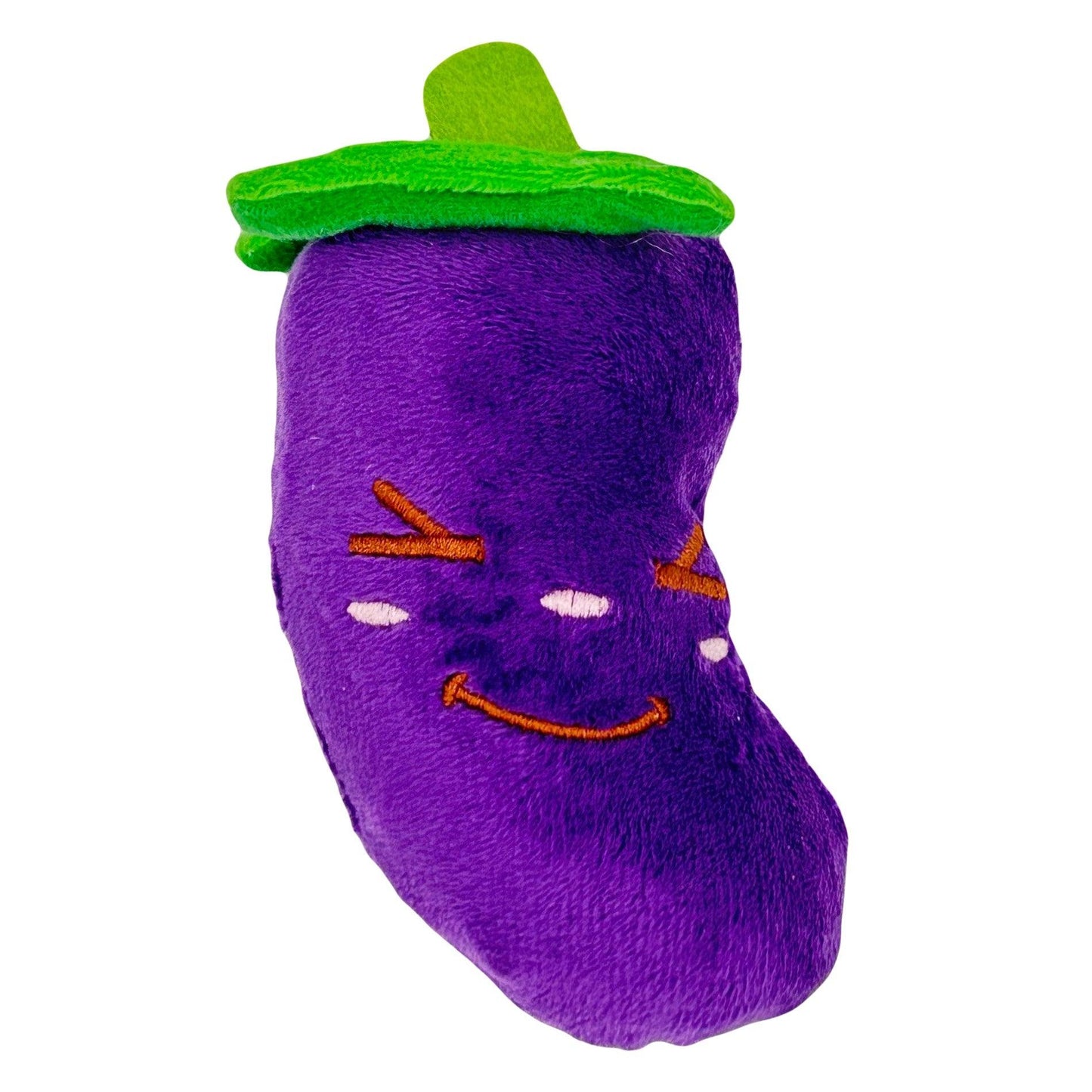 Pluche aubergine hondenspeeltje met lachend gezicht en groene bovenkant.