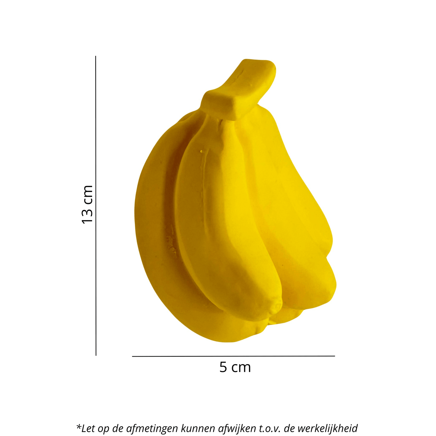 Geel bananenvormig hondenspeeltje, 13 cm hoog en 5 cm breed, met speelse vorm en knijpbare textuur.