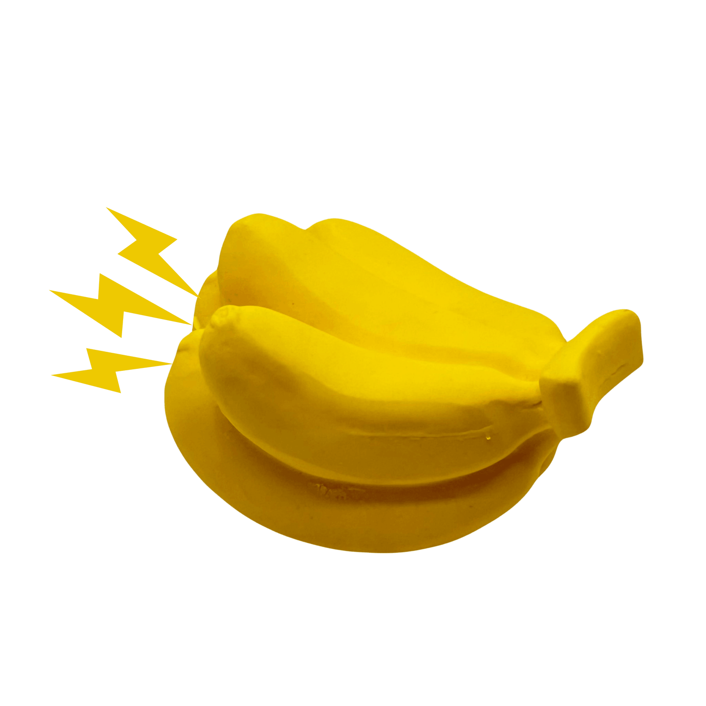 Geel bananenvormig hondenspeeltje met bliksemschichten, symboliserend piepgeluid.