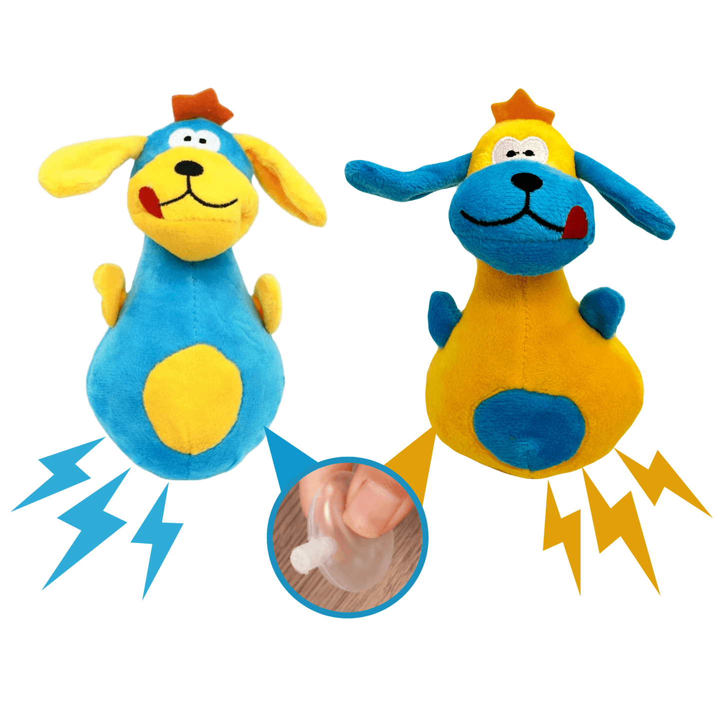 Twee varianten van de Blij Bekkie knuffel met bliksemschichten die het piepje in de knuffel aangeven.